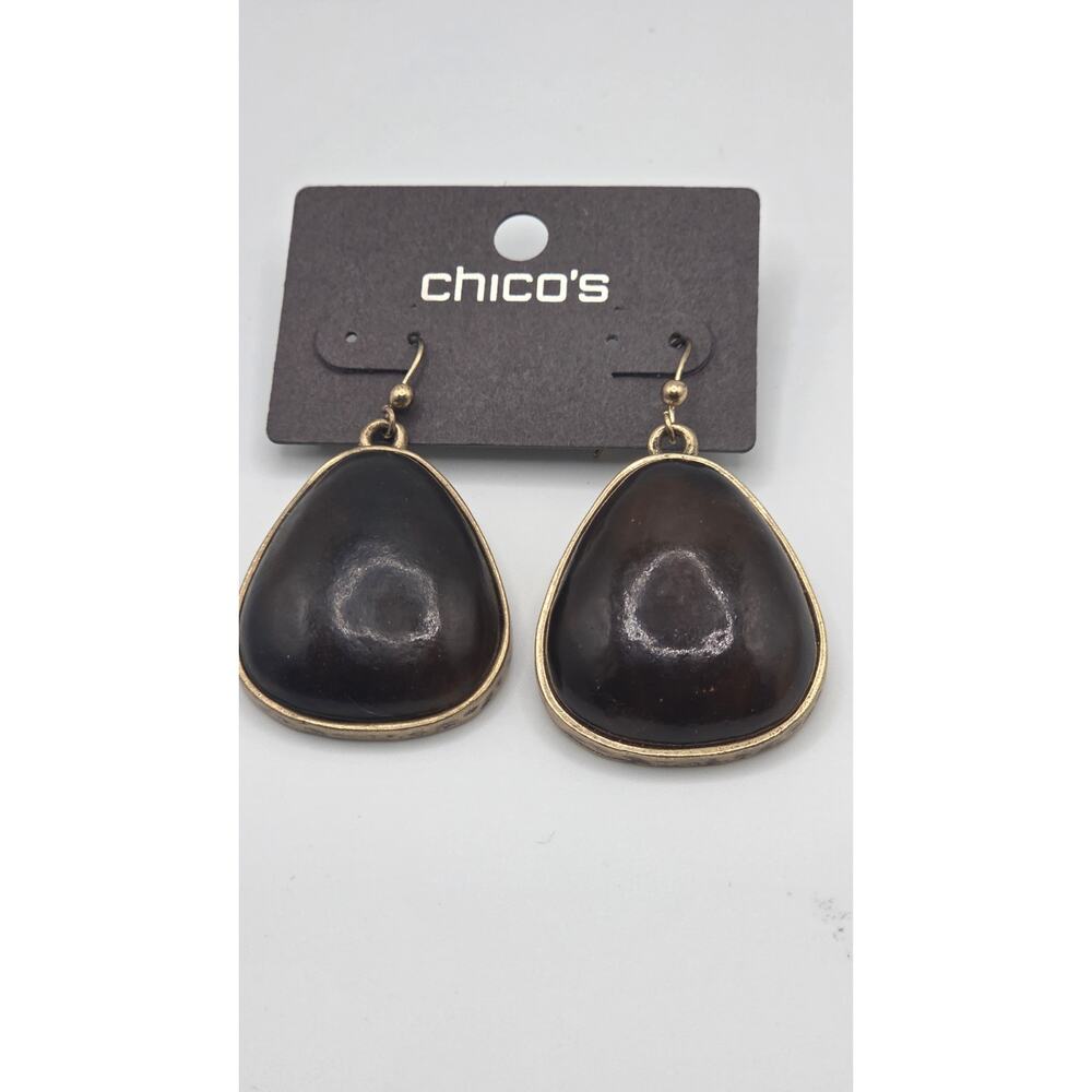 Chico’s Statement Earrings Gold Tone Brown Resin Teardrop Dangle PiercedChico’s